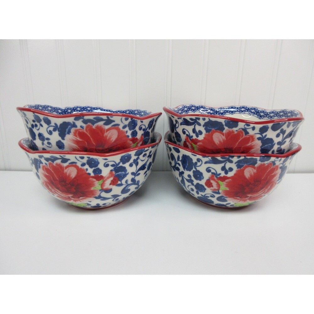 Set of 4 Pioneer Woman Heritage Floral Cereal Bowl Ceramic Red & Blue 6"dia New